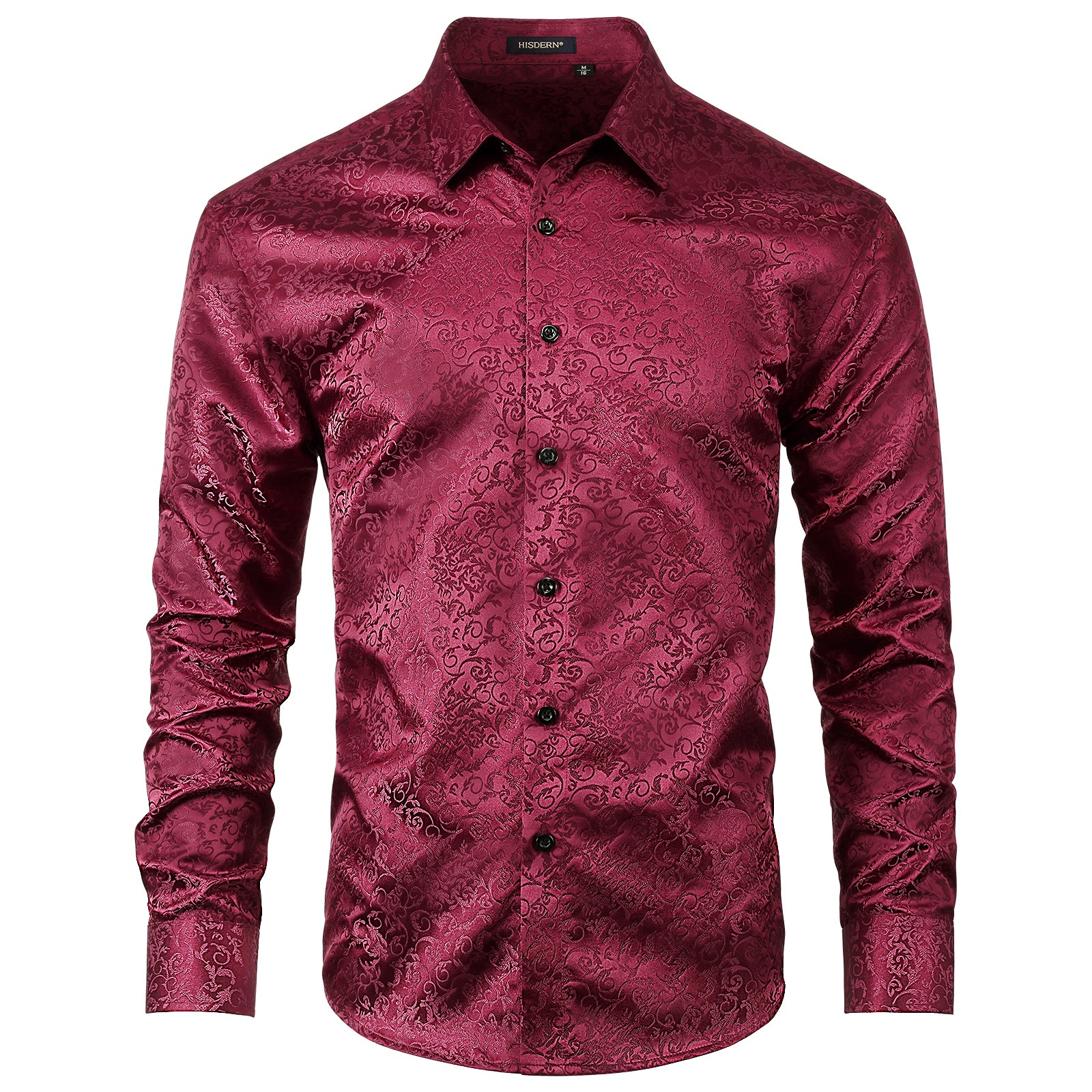 Floral Satin Dress Shirt - 05-BURGUNDY RED