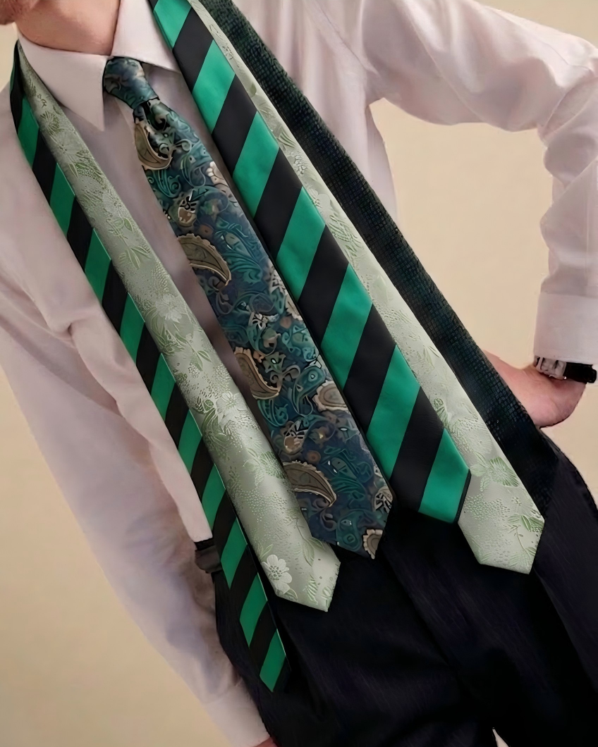Collection of green and black patterned ties displayed against a neutral background.