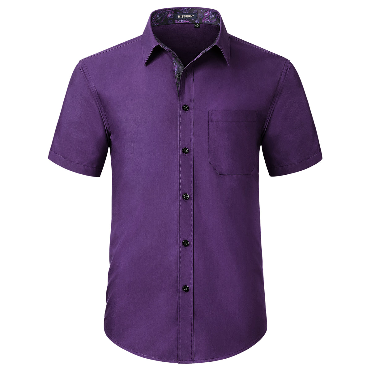 Hisdern Men's Purple Short Sleeve Business Casual Shirt with Splicing