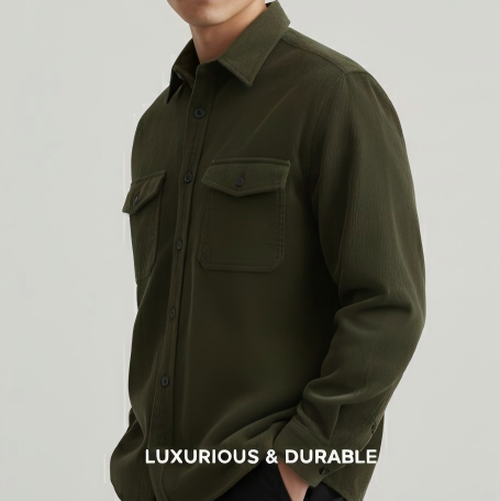 Green shirt worn by a person on a light gray background with text 'LUXURIOUS & DURABLE'.