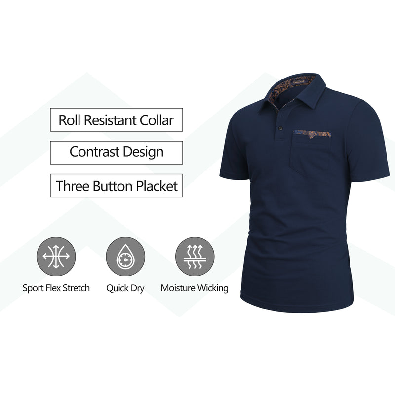 Polo Shirts Short Sleeve with Pocket - D-NAVY BLUE-PAISLEY 