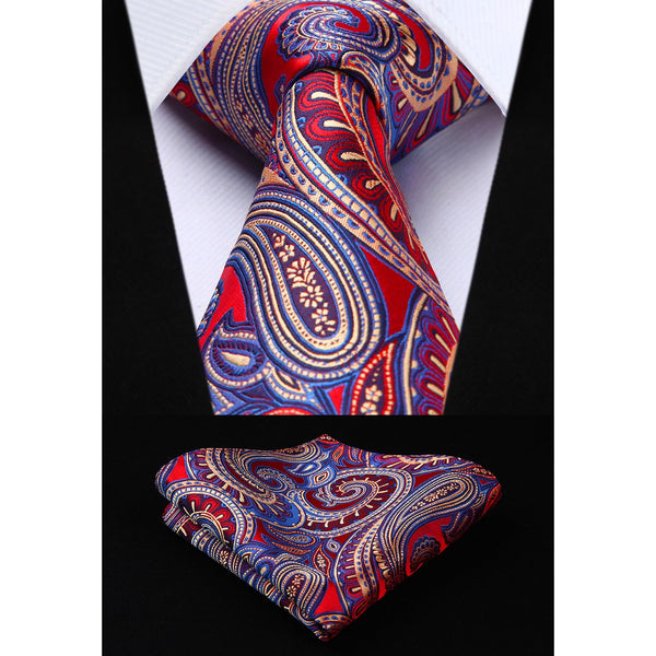 Paisley Tie Handkerchief Set - 04 - RED/BLUE 