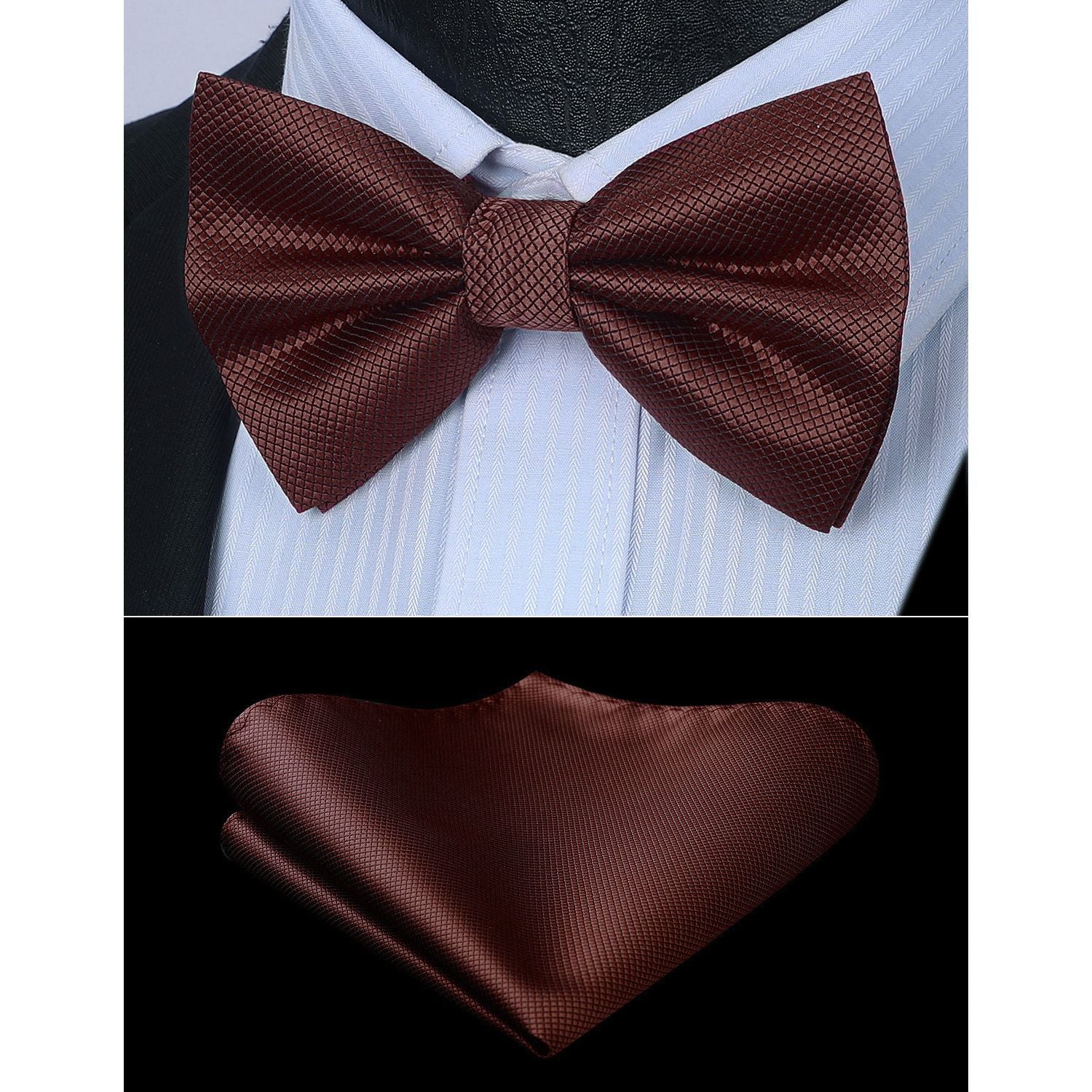 Solid Pre-Tied Bow Tie & Pocket Square - X-BROWN 1