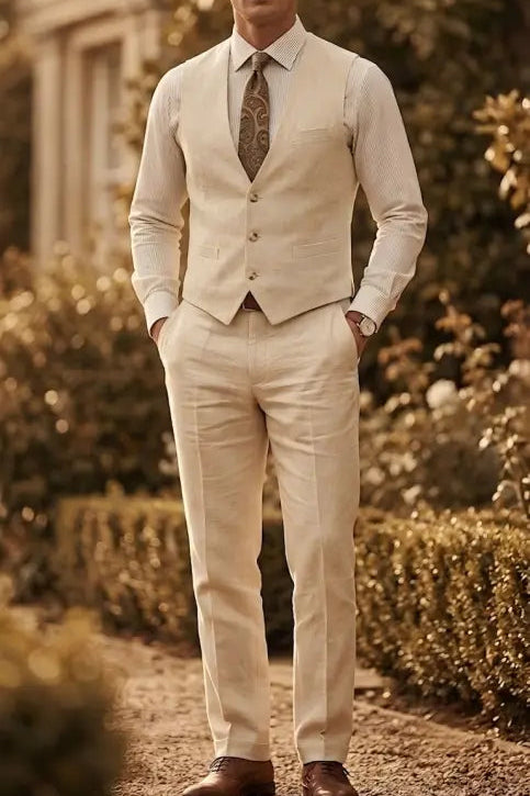 A man wearing a light beige linen three-piece suit with a white dress shirt, a patterned brown tie, and brown leather shoes, standing outdoors in a garden setting.