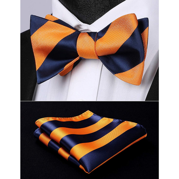 Stripe Bow Tie & Pocket Square - 03-NAVY BLUE/ORANGE
