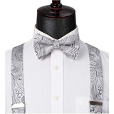 Paisley Floral Suspender Bow Tie Handkerchief - SILVER/BLACK