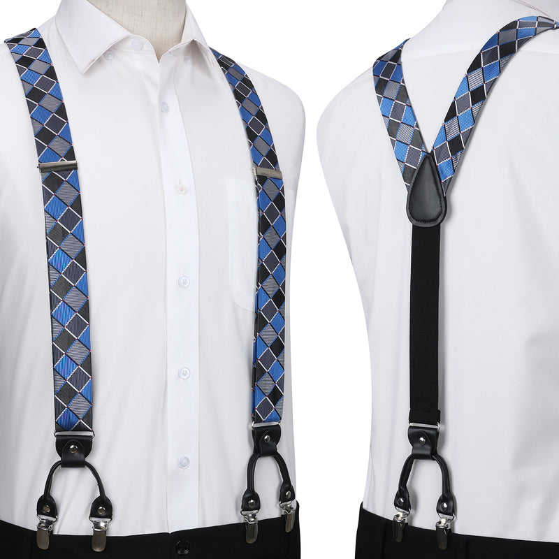 Plaid Suspender Bow Tie Handkerchief Blue Black Silver