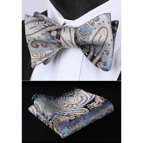 Paisley Floral Bow Tie & Pocket Square - BLUE-1