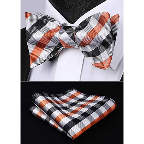 Plaid Bow Tie & Pocket Square Sets - D-ORANGE/BLACK/WHITE