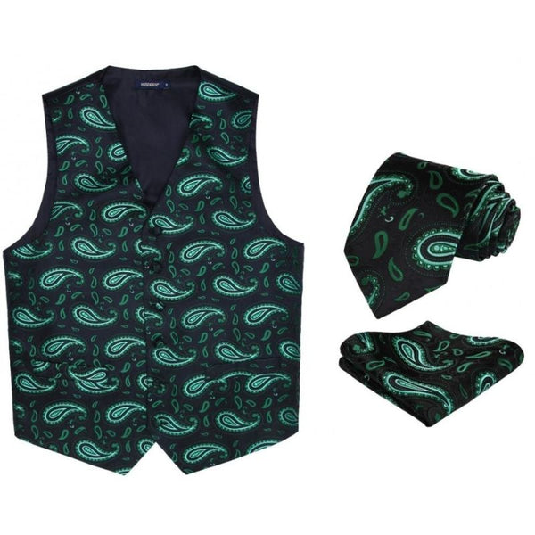 Paisley Floral 3pc Suit Vest Set - BLACK/GREEN