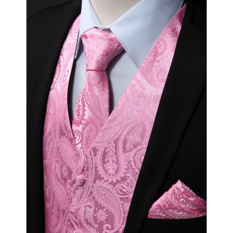 Paisley Vest Tie Handkerchief Set Pink