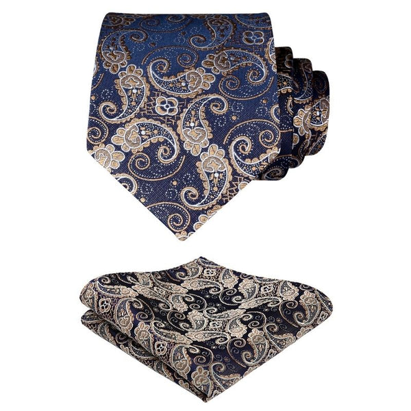 Paisley Floral Tie Handkerchief Set - GOLD/NAVY BLUE