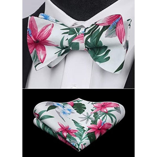 Floral Bow Tie & Pocket Square - WHITE/PINK-FLORAL