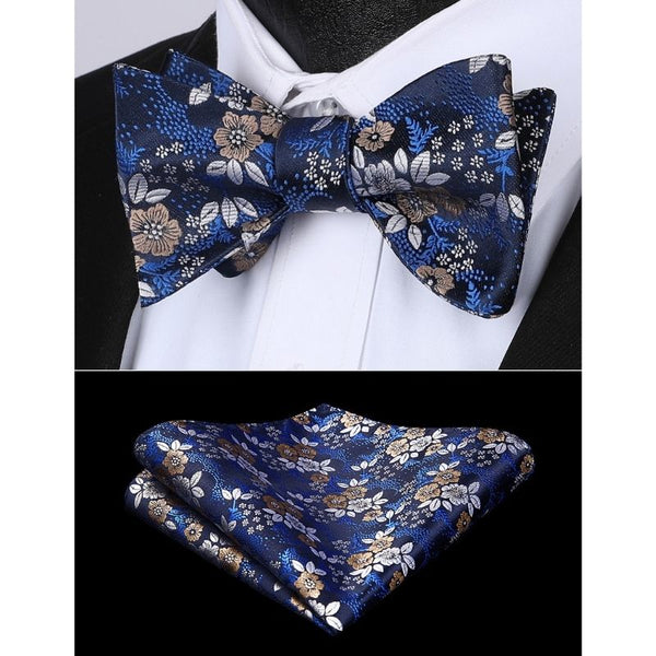 Floral Bow Tie & Pocket Square - A-NAVY BLUE/WHITE/BROWN