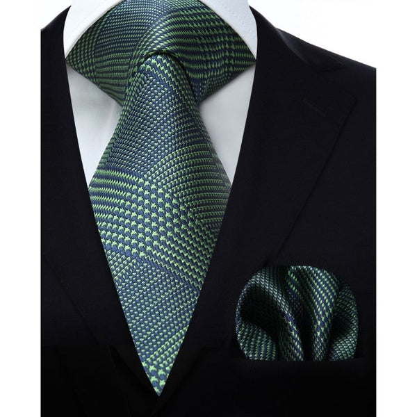 Houndstooth Tie Handkerchief Tie Set - GREEN/NAVY BLUE