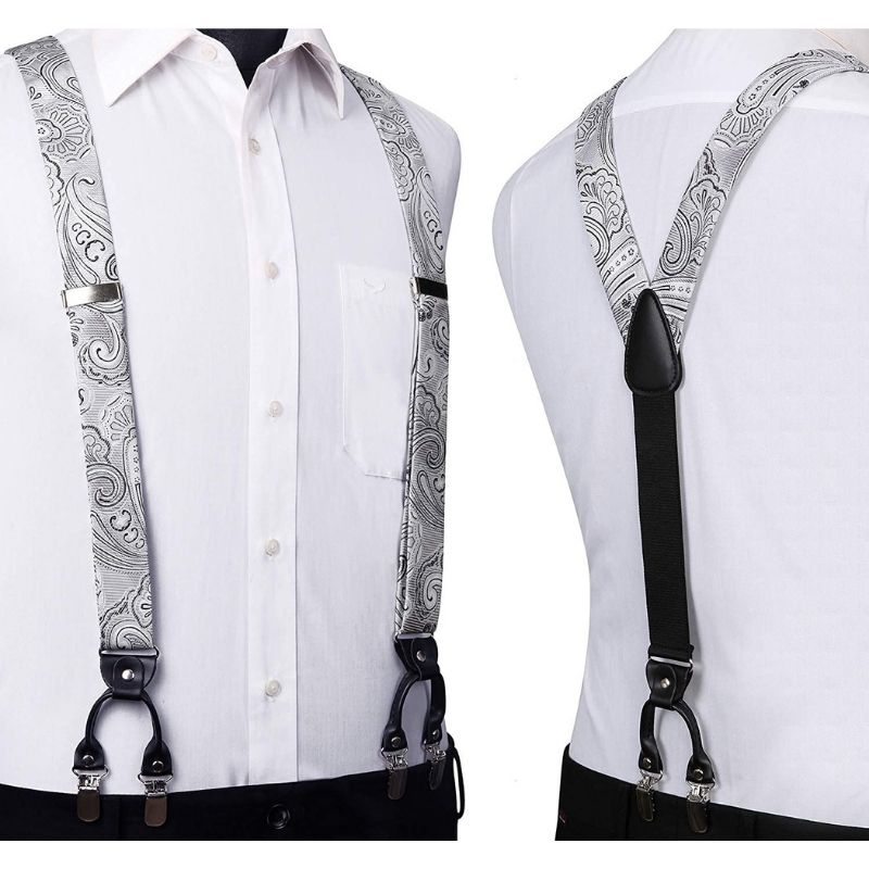 Paisley Floral Suspender Bow Tie Handkerchief - SILVER/BLACK