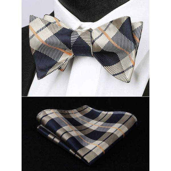 Plaid Bow Tie & Pocket Square Sets - B-BROWN 1