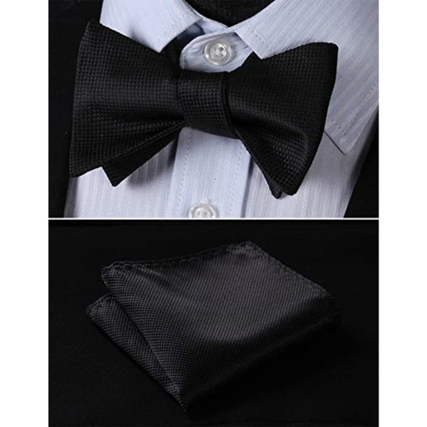 Solid Bow Tie & Pocket Square - C1-BLACK