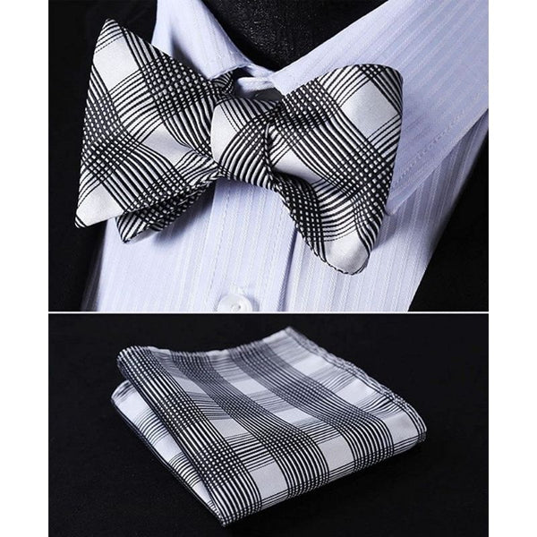 Plaid Bow Tie & Pocket Square - BLACK/WHITE
