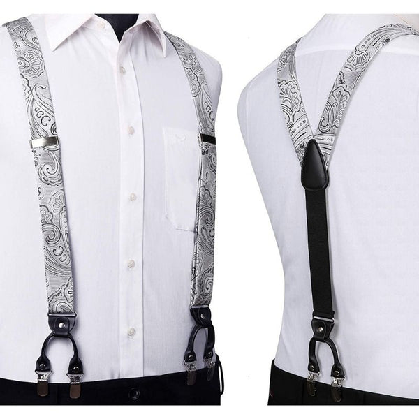 Paisley Floral Suspender Pre-Tied Bow Tie Handkerchief - B2-SILVER/GRAY