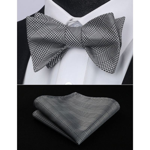 Plaid Bow Tie & Pocket Square - D-BLACK/WHITE-2