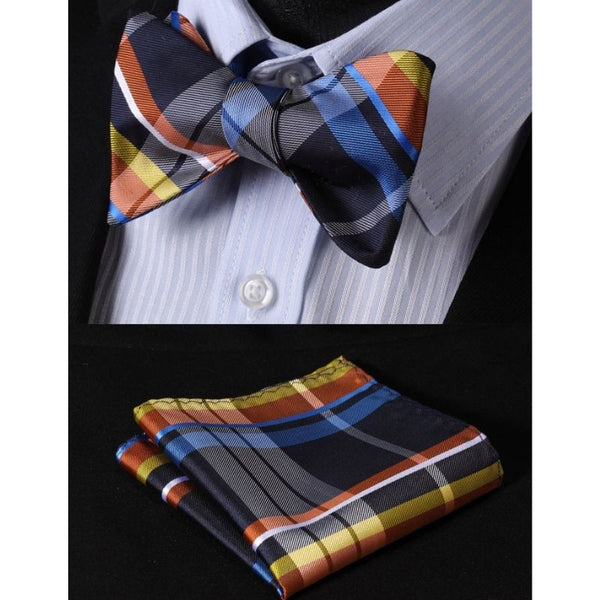 Plaid Bow Tie & Pocket Square - BLUE/ORANGE/GREY