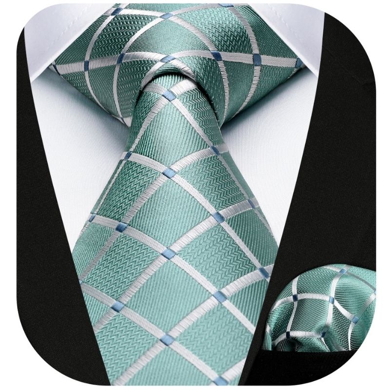 Plaid Tie Handkerchief Set - A6-AQUA