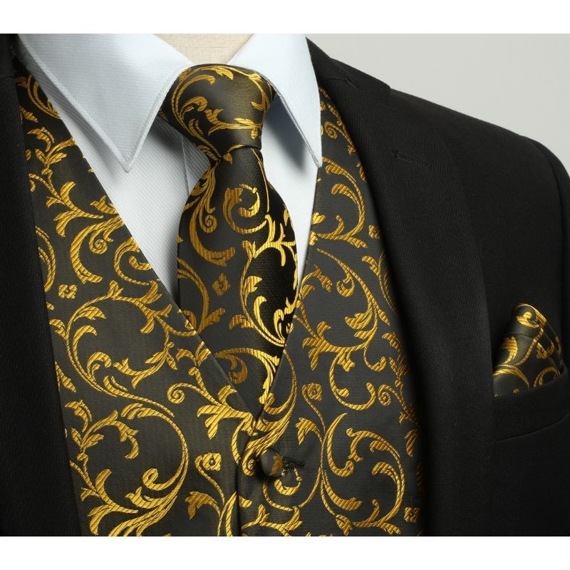 Paisley Floral 3pc Suit Vest Set - BLACK/GOLD-NEW