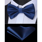 Solid Pre-Tied Bow Tie & Pocket Square - V-NAVY BLUE 2