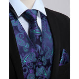 Paisley Vest Tie Handkerchief Set Purple Green
