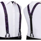 Paisley Floral Suspender Bow Tie Handkerchief - PURPLE/BLACK