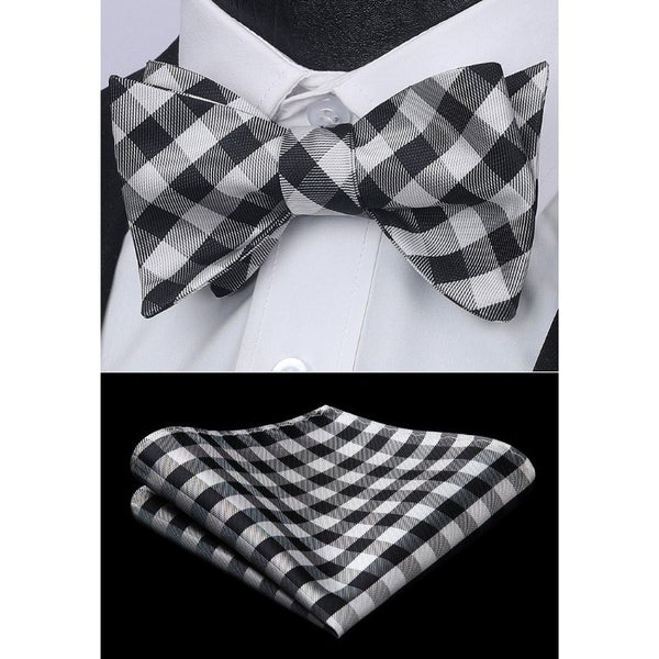 Plaid Bow Tie & Pocket Square Sets - D-BLACK/WHITE-2