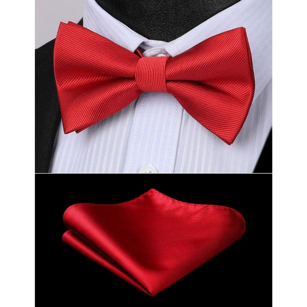 Solid Pre-Tied Bow Tie & Pocket Square - 04-RED