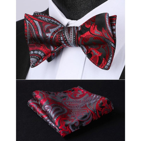 Floral Bow Tie & Pocket Square - RED/GREY/BLACK