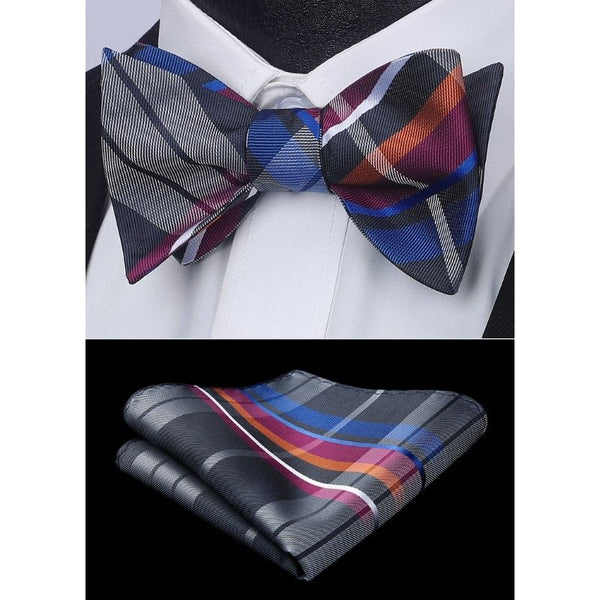 Plaid Bow Tie & Pocket Square Sets - B-MAROON GREY1