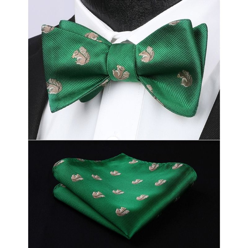 Fun Animal Bow Tie & Pocket Square - SQUIRREL/DARK GREEN