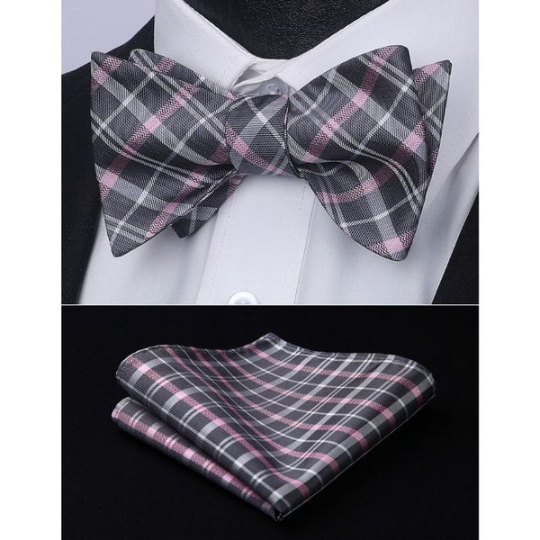Plaid Bow Tie & Pocket Square Sets - D-PINK/GRAY