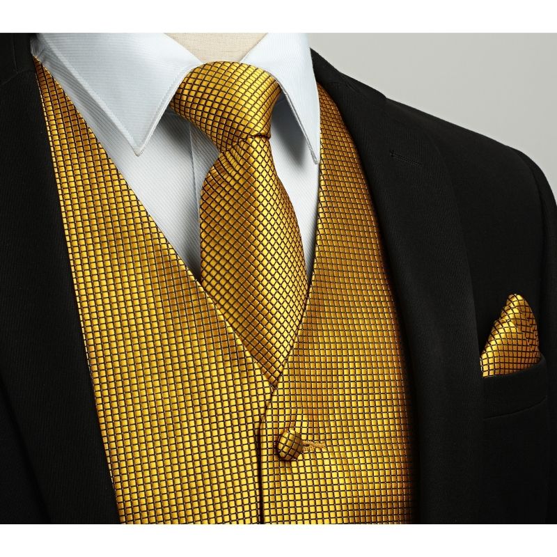 Plaid 3pc Suit Vest Set - GOLD-NEW