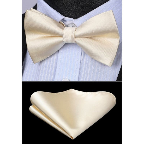 Solid Pre-Tied Bow Tie & Pocket Square - A-CHAMPAGNE 1