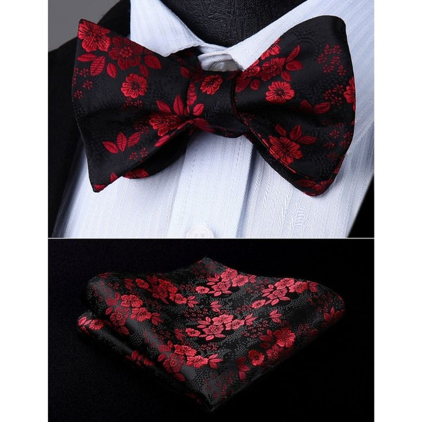 Floral Bow Tie & Pocket Square - A-BURGUNDY/BLACK