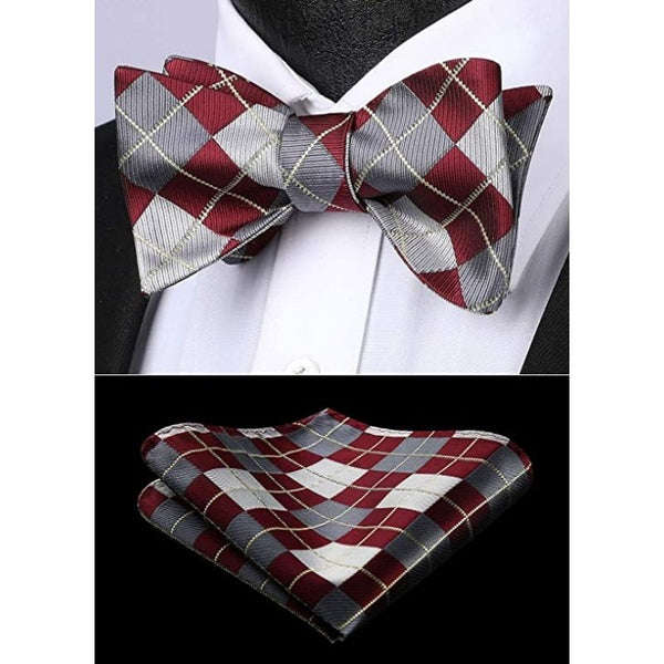 Plaid Bow Tie & Pocket Square - A-BURGUNDY/GRAY