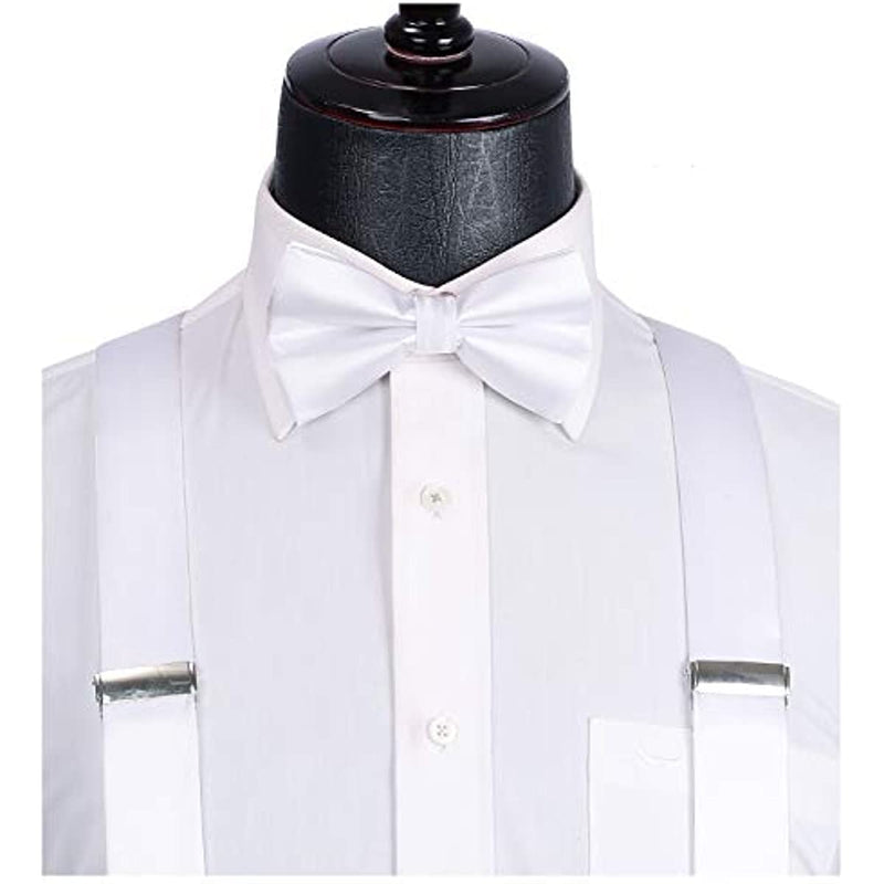Solid Suspender Pre-Tied Bow Tie Handkerchief - A11-WHITE