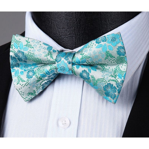 Paisley Floral Suspender Pre Tied Bow Tie Handkerchief A6 Green Turquoise