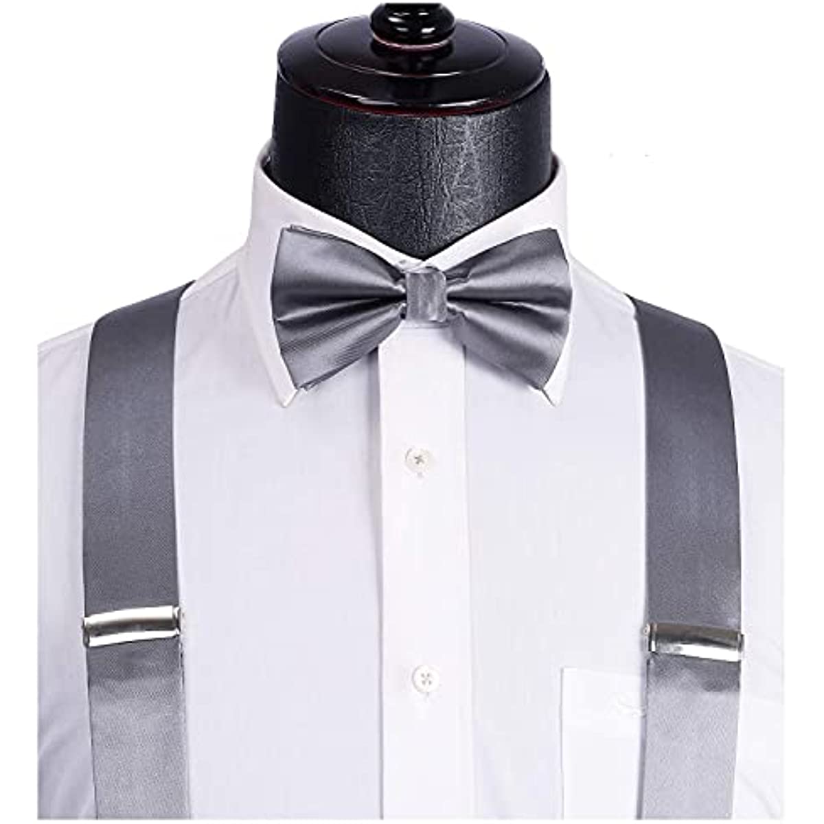 Solid Suspender Pre-Tied Bow Tie Handkerchief - A10-GREY