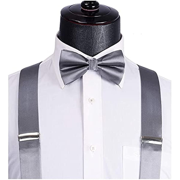 Solid Suspender Pre-Tied Bow Tie Handkerchief - A10-GREY