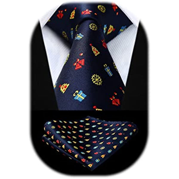 Christmas Tie Handkerchief Set - 11-NAVY BLUE/RED/YELLOW