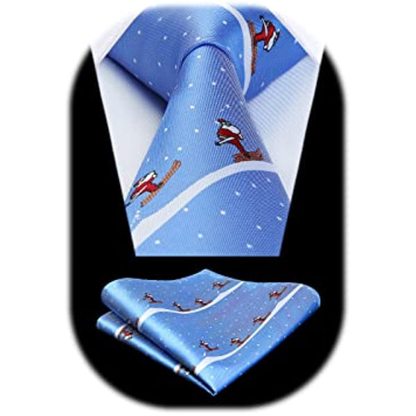 Christmas Tie Handkerchief Set - 04-SKY BLUE/SANTA SKIING