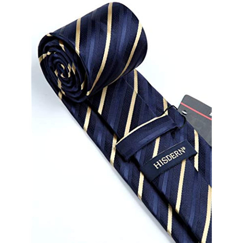 Stripe Tie Handkerchief Set - A-navy Blue/Wheat