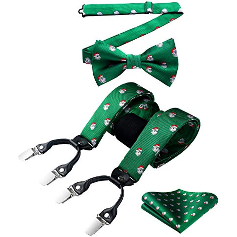 Christmas Suspender Pre-Tied Bow Tie Handkerchief - 05-GREEN/WHITE/RED