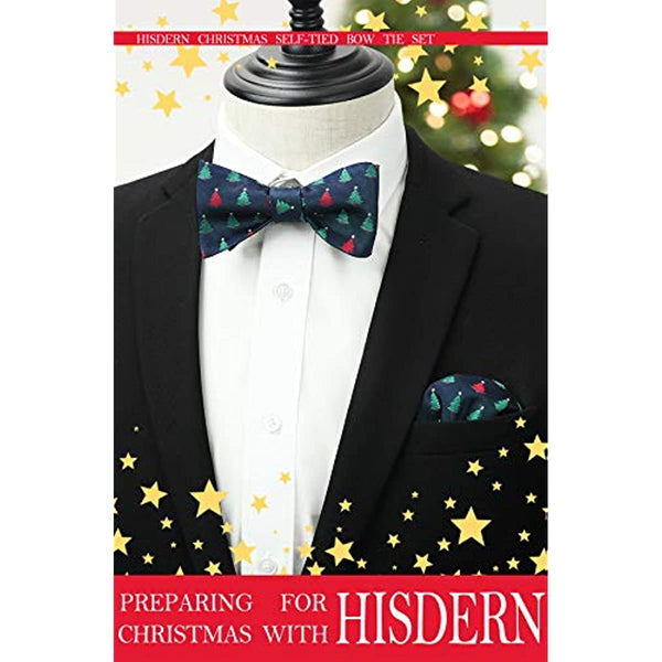 Christmas Bow Tie & Pocket Square - NAVY BLUE/GREEN/RED